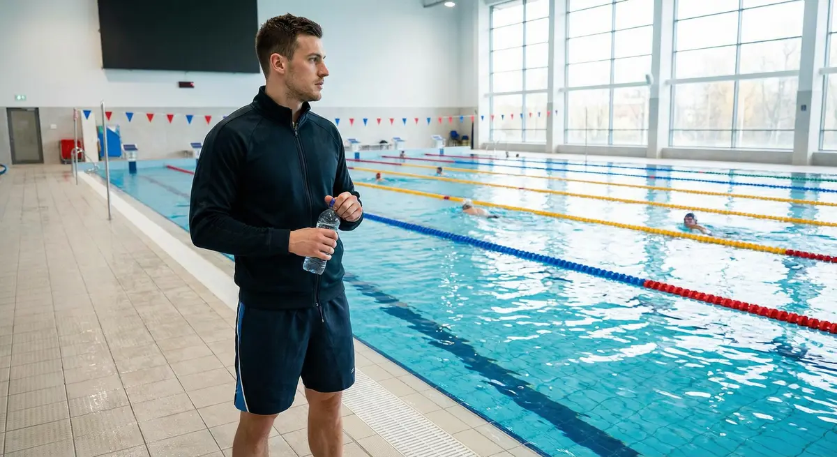 مجموعة السباحين يقومون بتدريب الجري والتحمل على حوض السباحة الأخضر