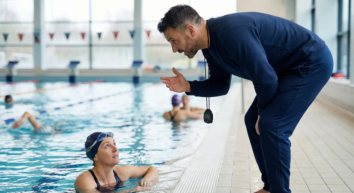 مدرب سباحة يقف بجوار سباح مبتدئ على حافة حوض السباحة يشرح له وضع الجسم الصحيح في الماء