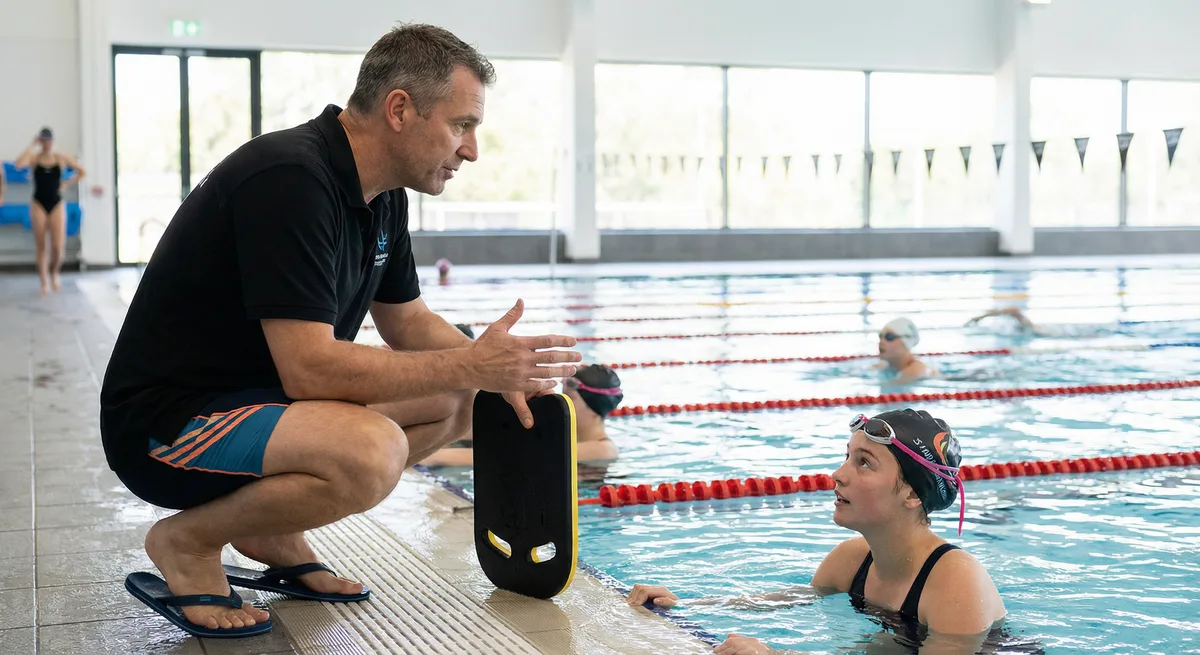 مدرب سباحة يشرح للسباحين خطة توزيع الجهد على سباق 200 متر على سبورة بجوار حوض السباحة