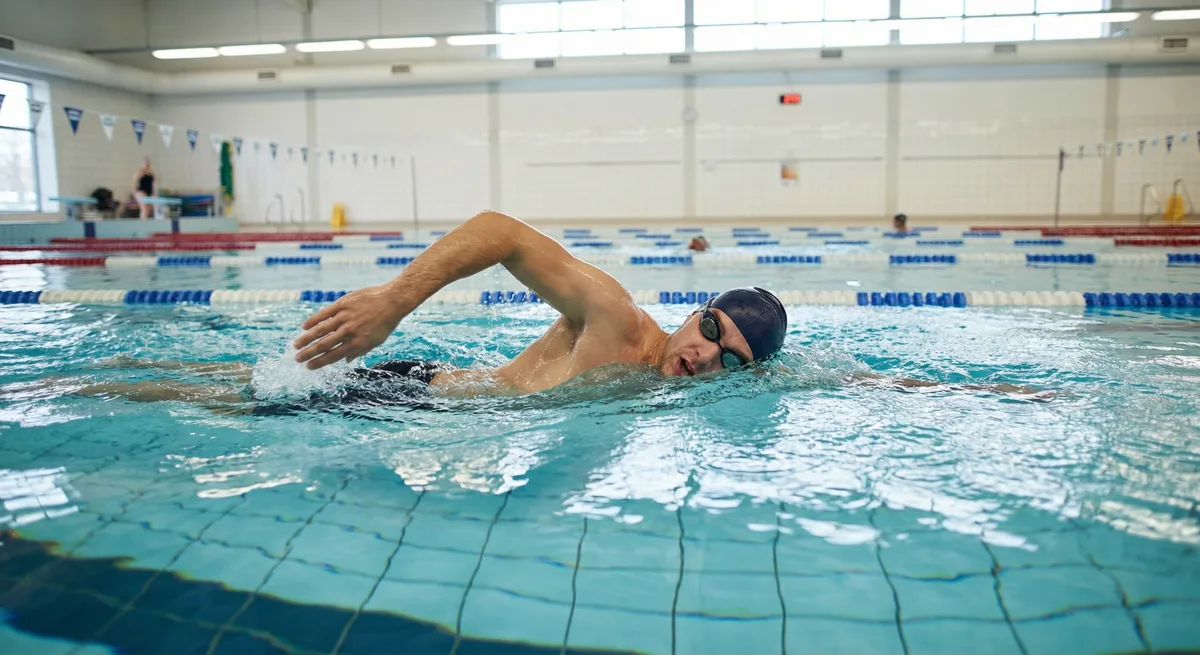 سباح يمارس تمارين قوة وتحمل باستخدام أدوات تدريب بجوار حوض السباحة لتقوية العضلات الأساسية