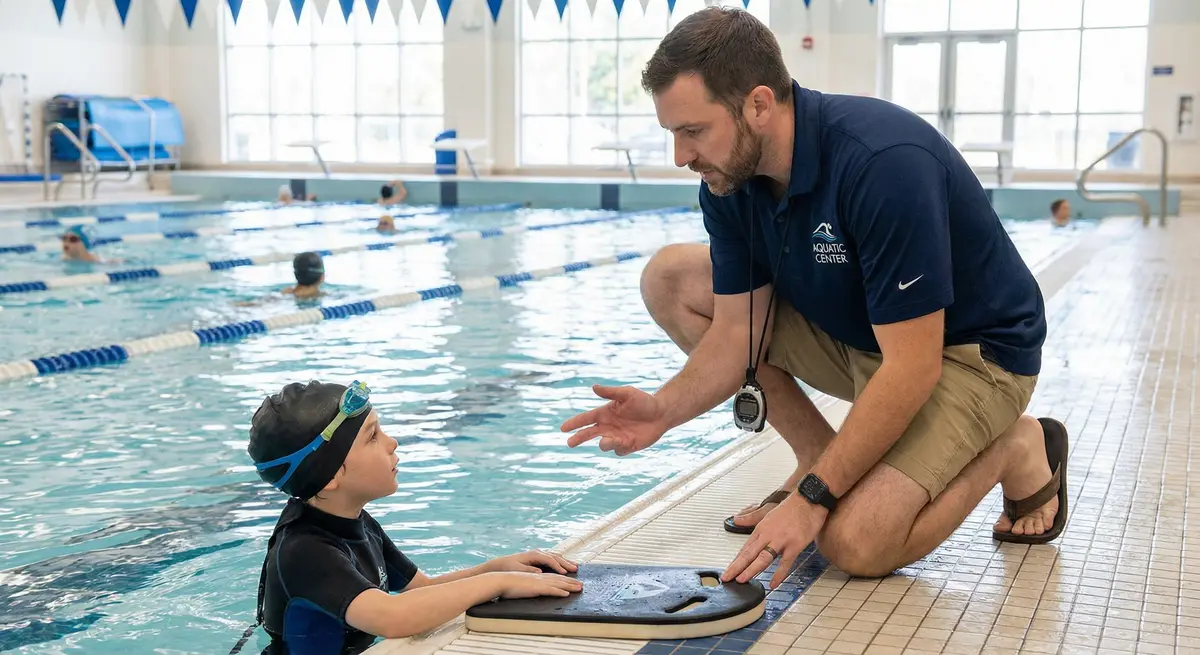 مدرب سباحة يقوم بتدريب مجموعة من السباحين الناشئين على تقنيات المراوغة