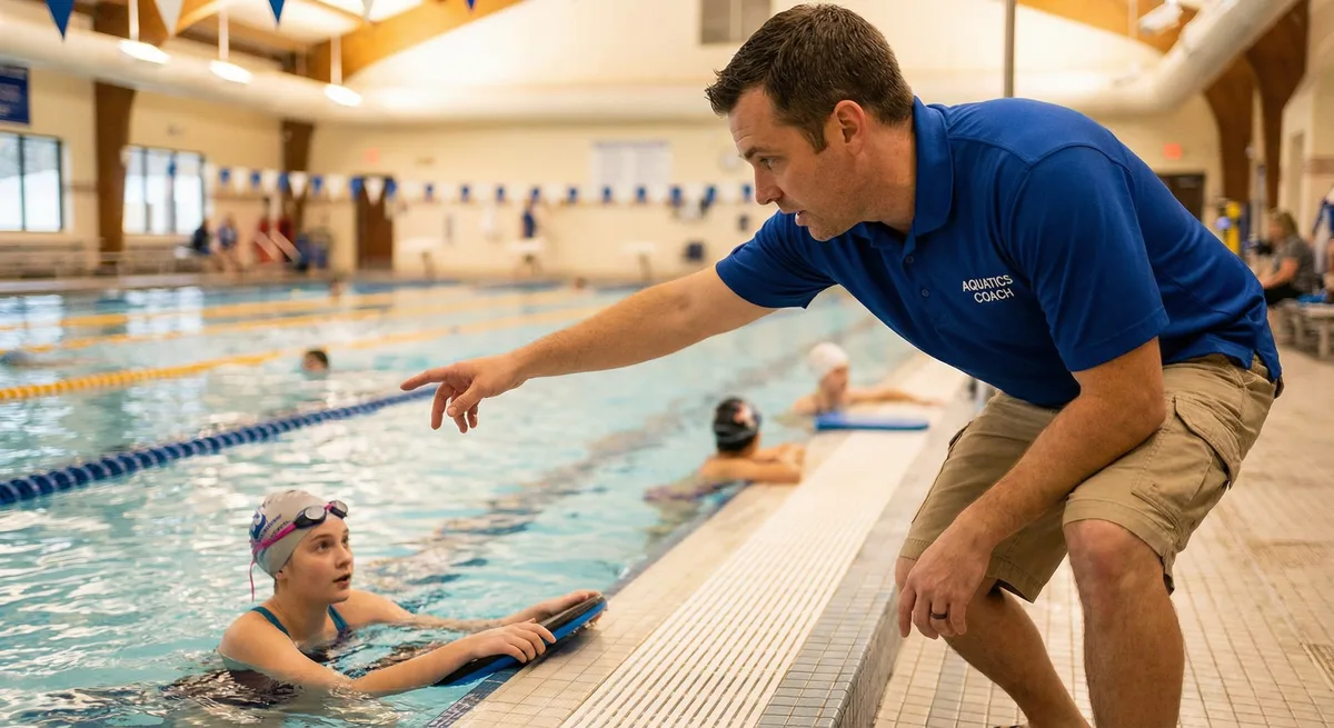 مدرب سباحة يقوم بتصحيح تقنية السباح أثناء التمرين على حوض السباحة