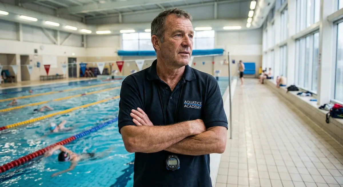 مدرب سباحة يشرح الاستراتيجيات التكتيكية للسباحين على السبورة